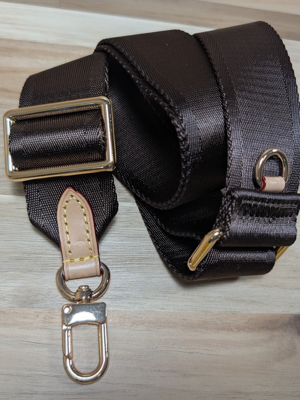 Brown Wide Adjustable Crossbody Bag Strap Gold Tone Hardware